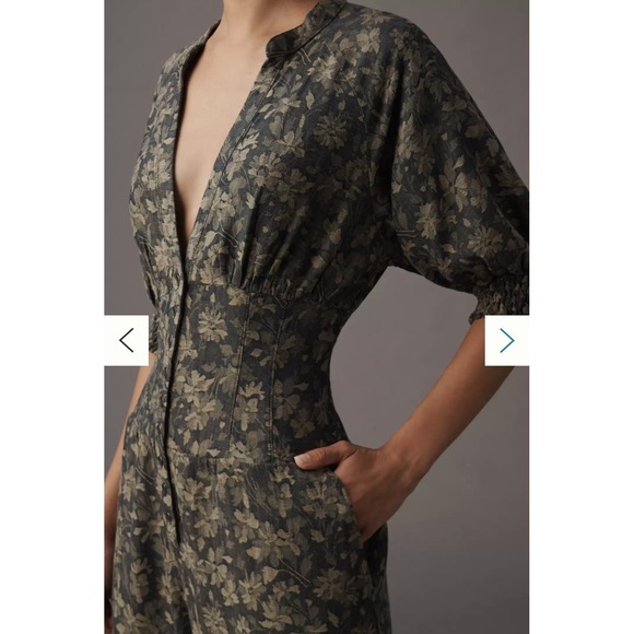 Anthropologie Size-M Women's Jumpsuit Linen Blend Floral Puff Sleeve - Picture 3 of 16